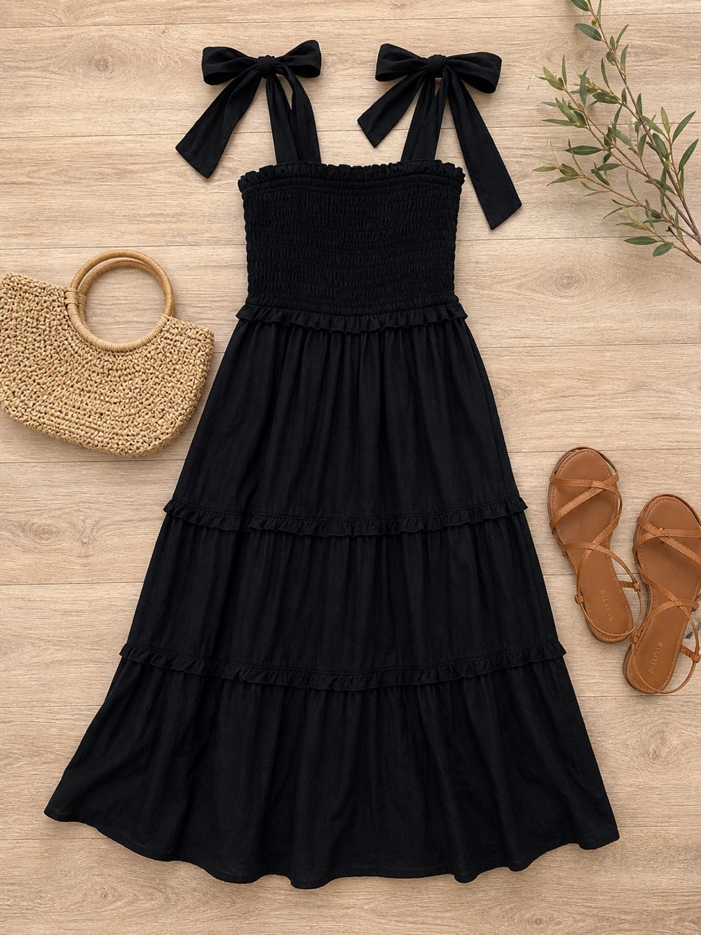 Love Tree Black Tie-Shoulder Smocked Midi Dress -‎ Women
